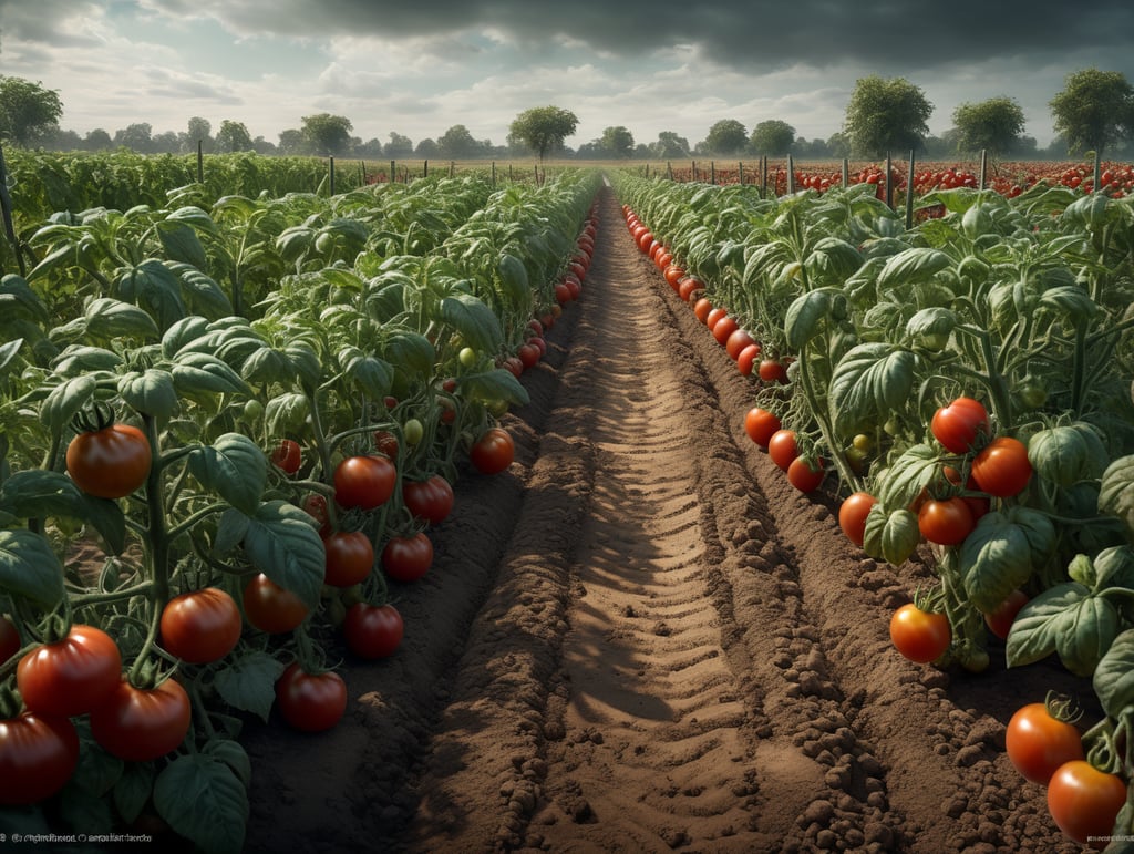 Campo de plantas de tomates con vereda de tierra en el centro. Segundo plano nítido