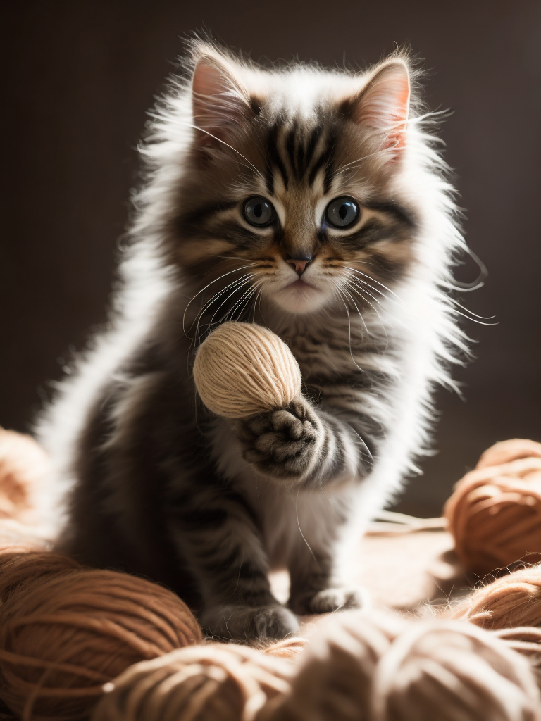 Create an adorable, fluffy kitten playing with a ball of yarn