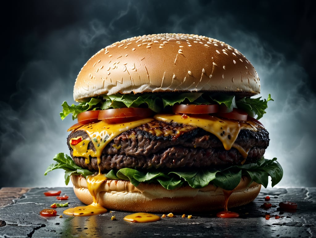 an appetizing burger with lettuce, tomato and melted cheese, ultra hd, isolated, hyper realistic, detailed,
