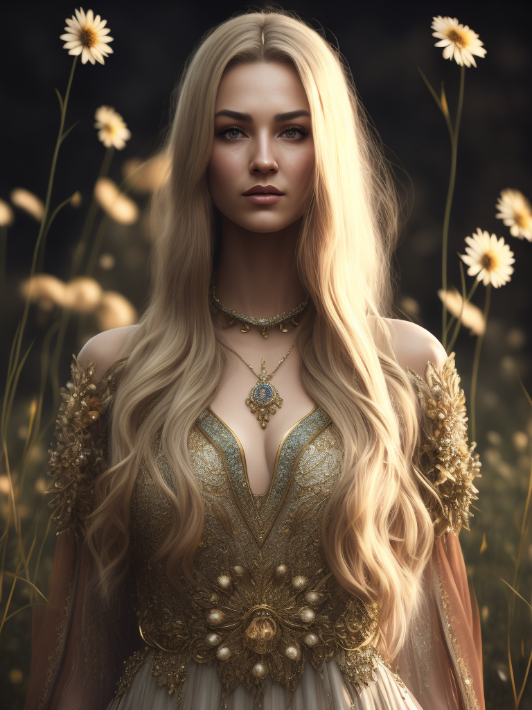 A beautiful woman model with blonde hair. She is standing tall. She is dressed in a long light-colored dress adorned with various delicate and light-colored flowers.