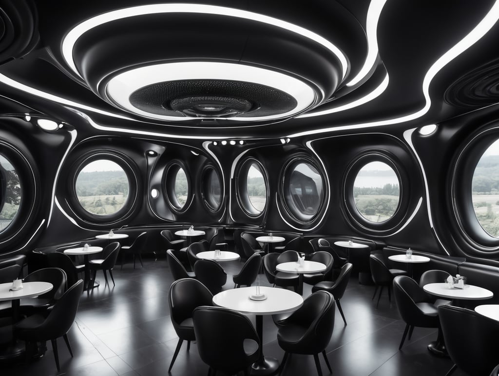 Futuristic interior of UFO cafe. Alien interior, black tones