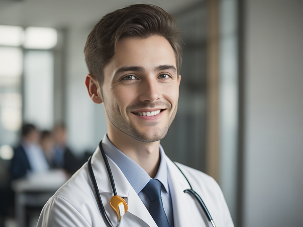 happy slavic doctor in hospital lobby, bright daylight, ultra-realistic, sharp focus, detail, 70mm, cinematic, film, realistic, photography