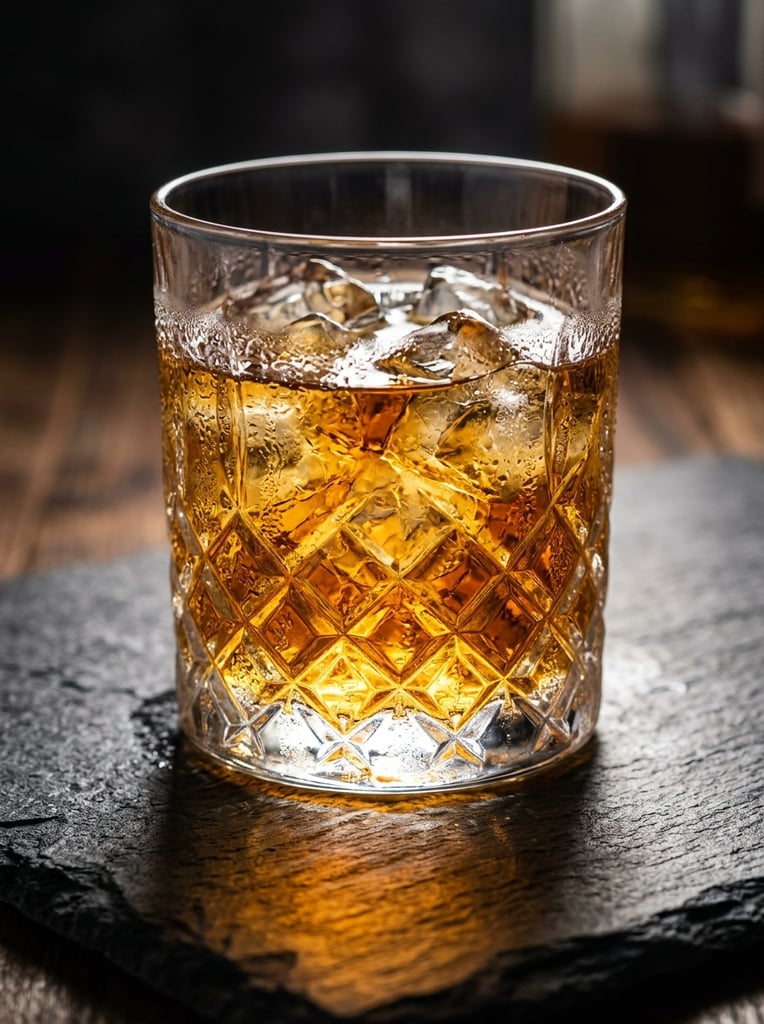 A heavy crystal tumbler filled with an amber spirit and fractured ice cubes rests on a textured charcoal stone surface. The lower half of the glass features an intricate diamond-cut pattern refracting the rich, golden-brown liquid. Crisp condensation droplets cling to the entire exterior. Dramatic directional studio lighting illuminates the beverage, creating a luminous internal glow that casts a warm amber reflection onto the rough slate foreground. The close-up macro composition uses a shallow depth of field, keeping the melting ice and faceted crystal in sharp focus against the softly blurred dark background.
