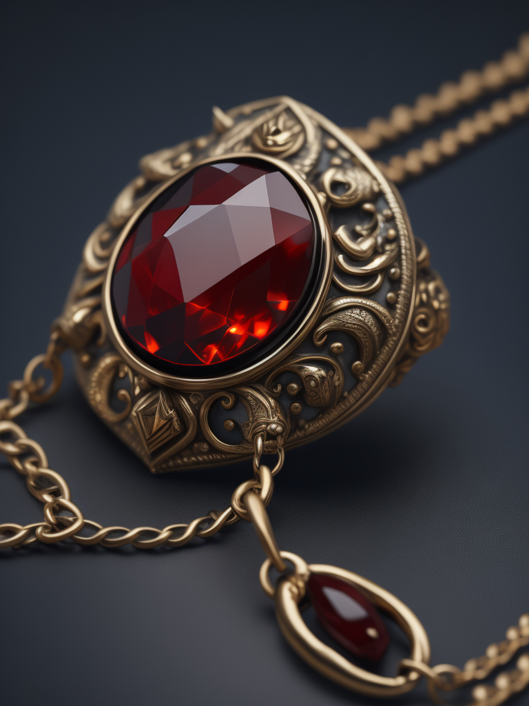 Jewelry on a dark blue background, chain decorated with red ruby