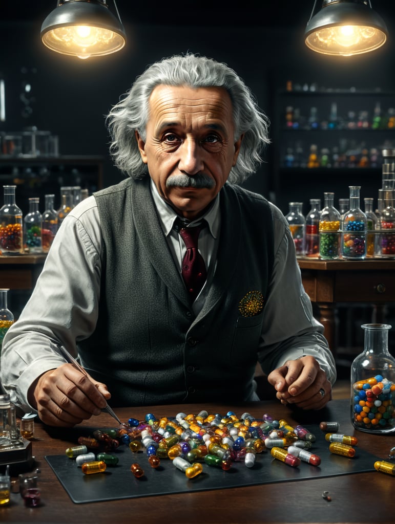 Albert Einstein in a lab with some vitamin capsules on the table