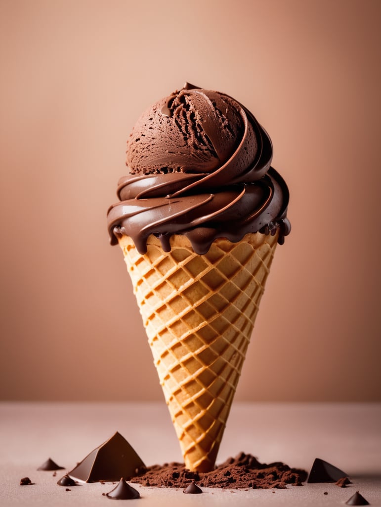 chocolate ice cream cone on chocolate background