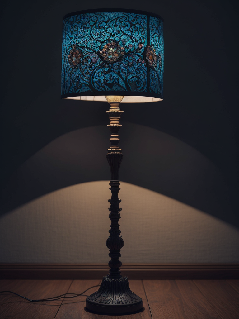 wooden floor lamp, carved black wood, decorated with gems