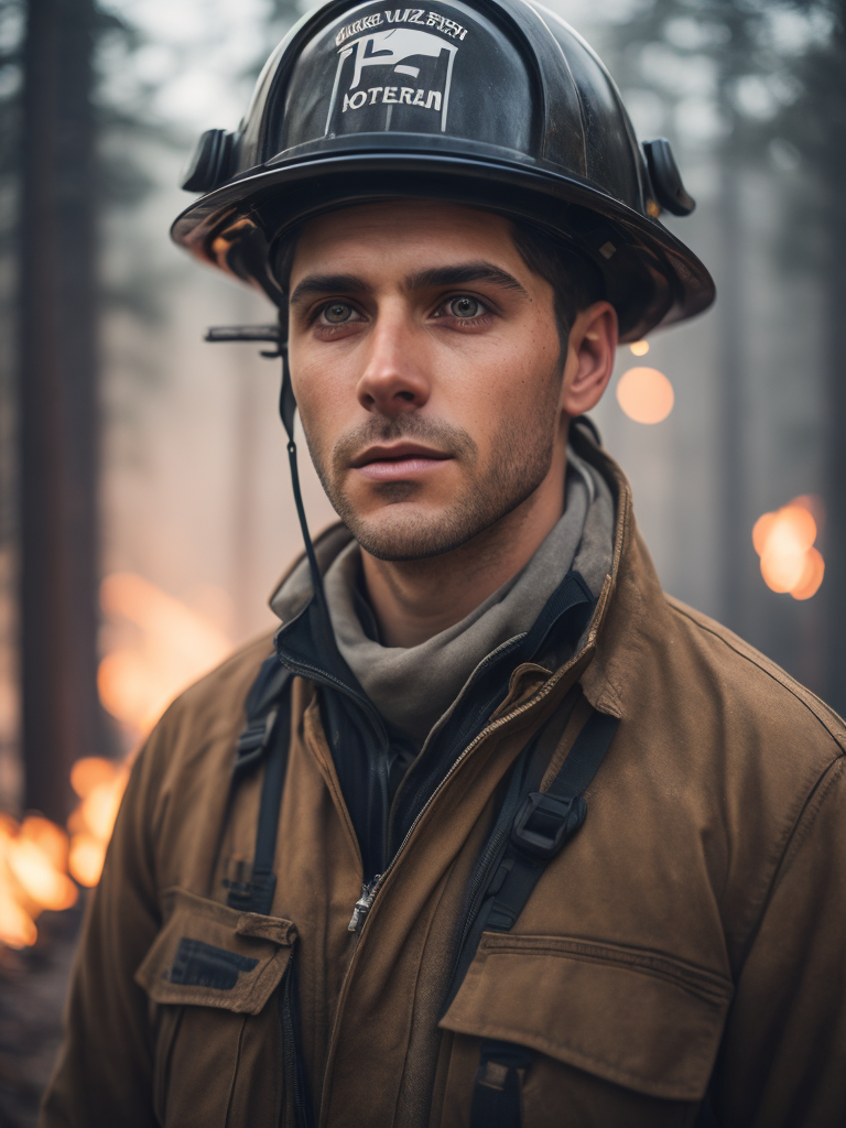 epic portrait of a Firefighter, close-up, forest fire, British Columbia Wildfire, Canada