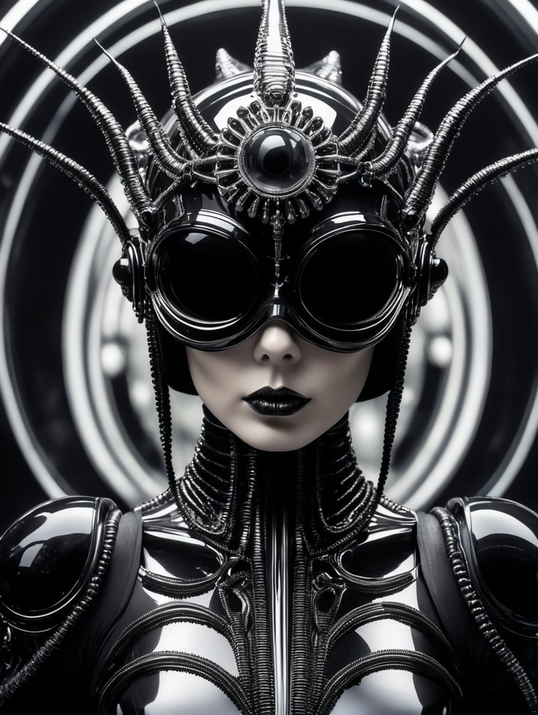 h.r. giger humanoid octoupus king-queen with crown futuristic glass black suit elegant scene futuristic glass design glass melting mask spider tiny eyes in crown mask -traslucent half mask glass vr and helmet fashion photography, sharp, small spheres floating background, editorial photography art sphere, floating, levitating, modern art, editorial photo, fashion photography