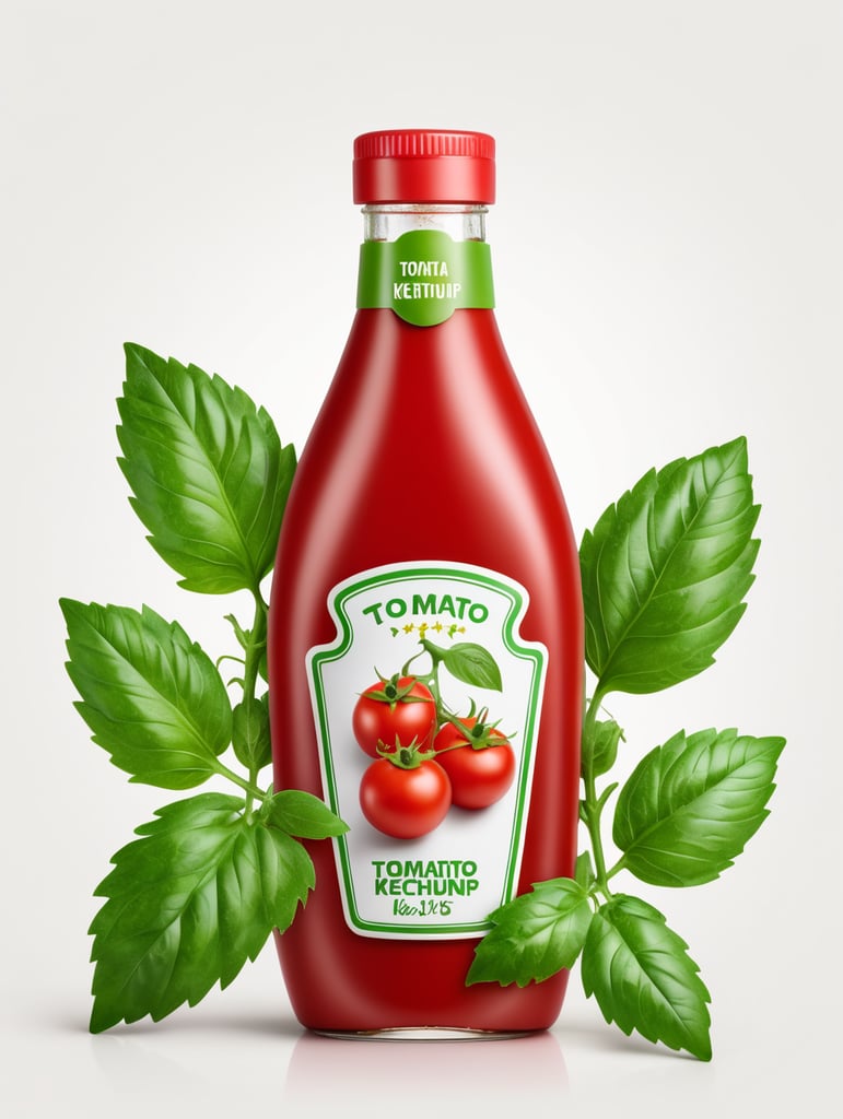 tomato ketchup bottle, red tomato with green leaves, isolated, white background