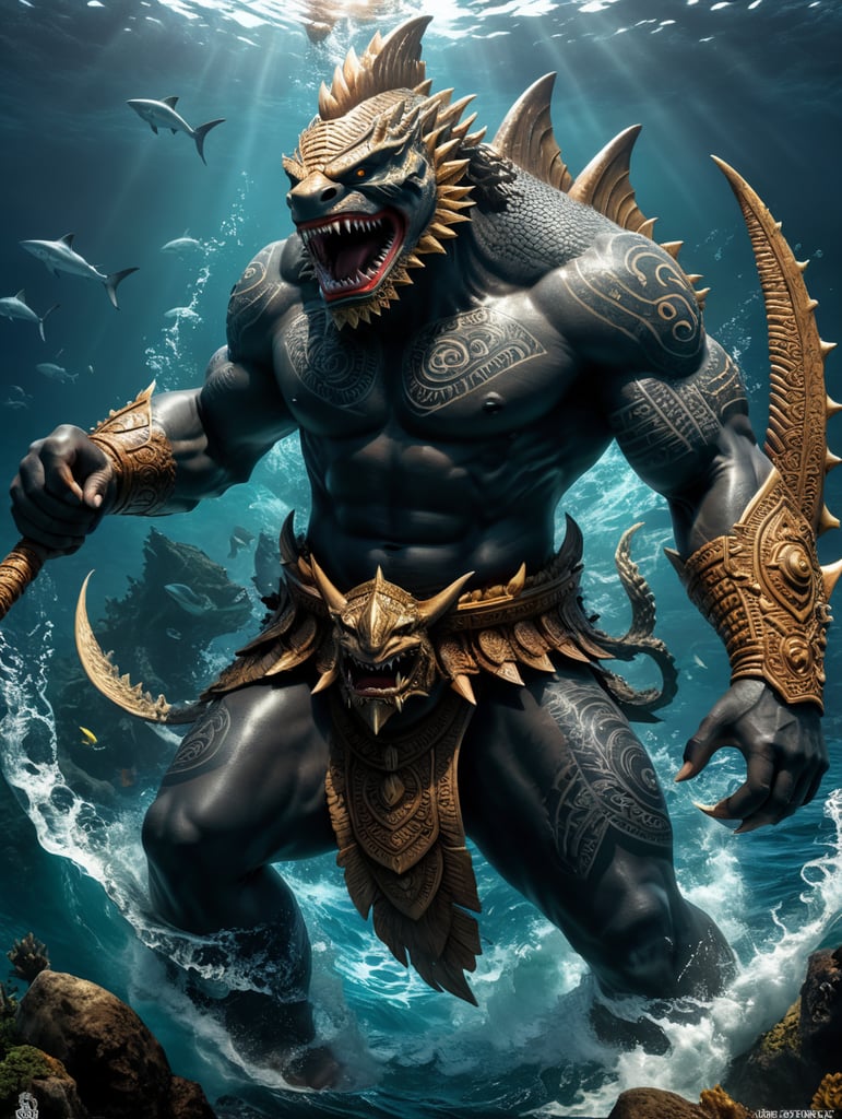 Fijian water god depicted as a shark god or a shark-human hybrid. He is often visualized as a muscular, fearsome warrior with shark attributes who protects fishermen and brings good luck to the Fijian people. Dakuwaqa is also said to have the ability to shape-shift between a shark and a human form, showcasing his strength and supernatural powers. He is said to engage in battles with other sea gods and to have a fierce, protective nature, safeguarding the people of Fiji from dangers at sea.