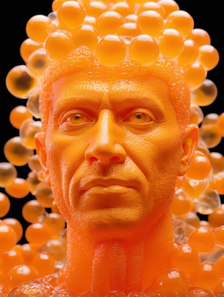 Portrait of a Translucent orange man made from the orange fruit, organs are visible through the jelly, isolated black background
