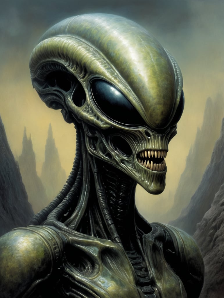 Create a painting of an Xenomorph Alien in the style of Zdzisław Beksiński.