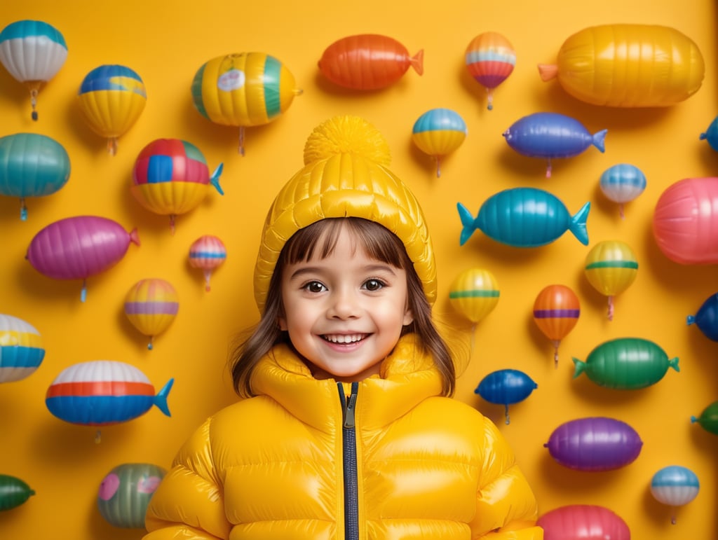 photo happy little girl going to travel, cute girl, dressed yellow inflatable puffer jacket, yellow background, harpers bizarre, cover, headshot, hyper realistic, vibrant colors