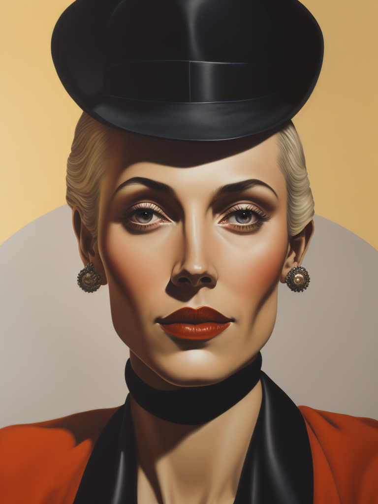 A painting of a very beautiful, middle aged woman in the art deco style of Tamara de Lempicka.