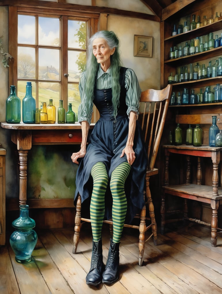 A very tall witch, very old and ugly, skinny with long lank hair, a long nose wearing a long grubby black dress down to her calves, scruffy and torn, buttoned up to her throat. She wears striped leggings, blue and green stripes on one leg, red and yellow on the other leg and black boots. Sitting in an old wooden chair at a table in a tumbledown cottage and coloured glass vials on the shelves. In the style of a watercolour by Alan Lee.