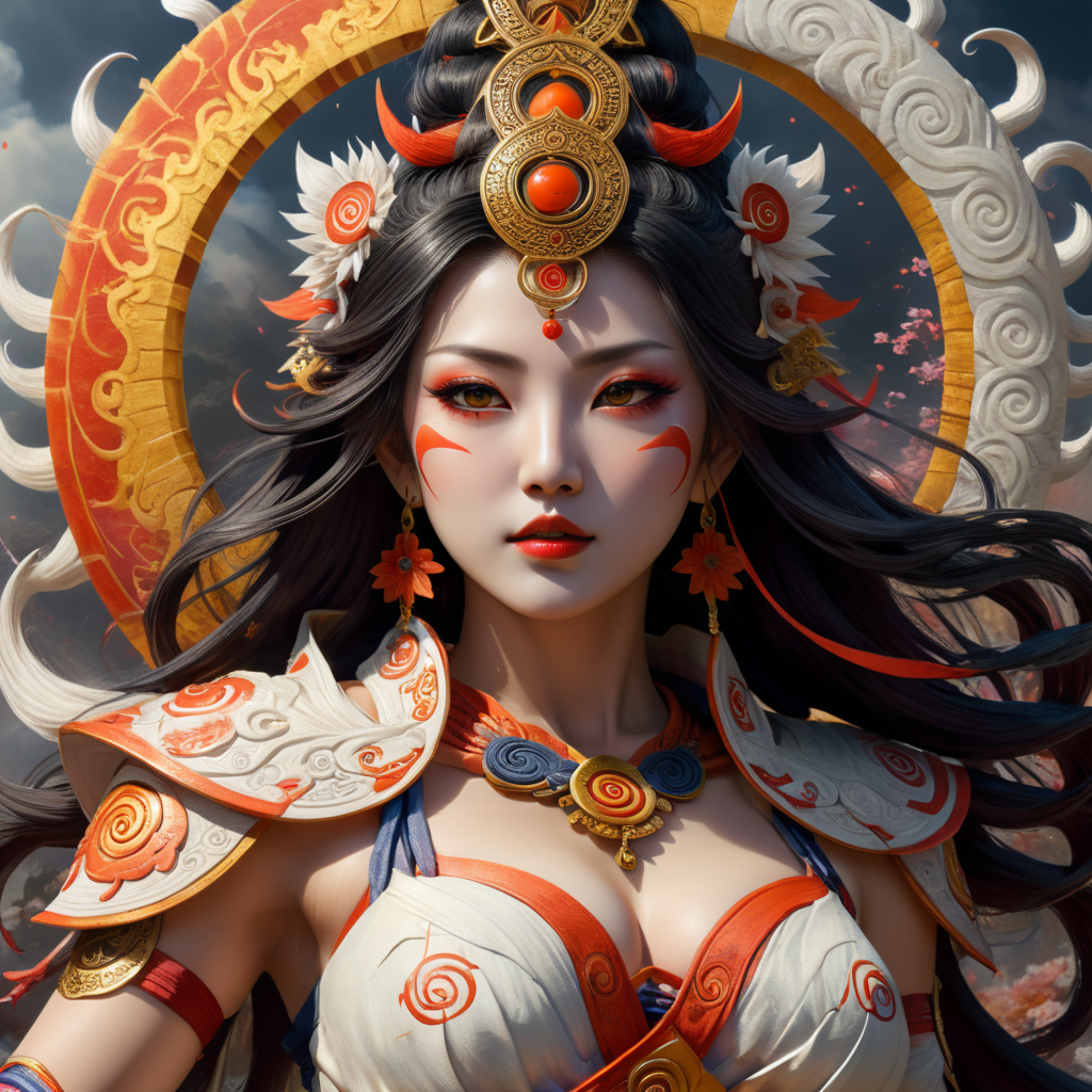 amaterasu goddess blessing the people. sumie style, colorful, detailed, spiral, epic, fantastic, 8k