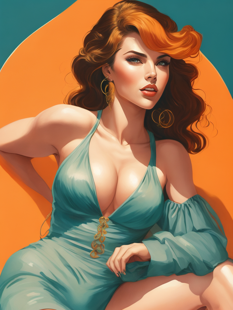 Realistic portrait of female pinup model in swimsuit sitting in a towel at a beach, in the style of art nouveau, alphose mucha, vintage, 60s, 4k, summer golden light, highly detailed, romantic, cinematic, colourful and bright