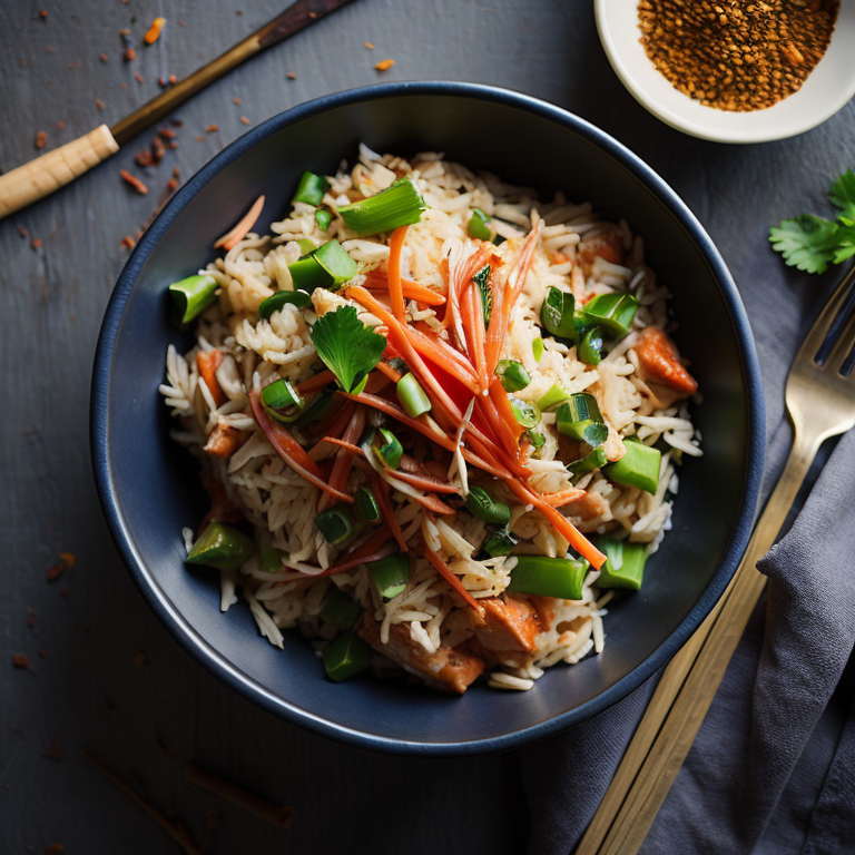 top view, thai style fried rice, shredded chicken, diced carrots, red pepper, green onions, bamboo shoot strips, chilli flakes, ginger, thai basil, unreal engine 5, very realistic, very detailed, realistic photography, 4k, 85 – mm – lens, sharp – focus, intricately – detailed, f 8, ISO 100, shutter – speed 1 125, diffuse – back – lighting, award – winning photograph, elle, small – catchlight, low – contrast, High – sharpness, depth – of – field, ultra – detailed photography, raytraced, global illumination