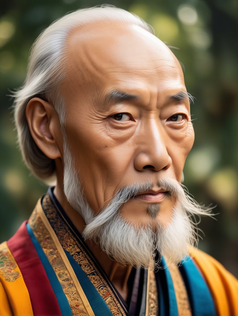 Portrait of Lao Tzu, bright and saturated colors, elegant, highly detailed, vogue, fashion magazine, sharp focus, dramatic lighting, depth of field, incredibly high detailed, blurred natural background