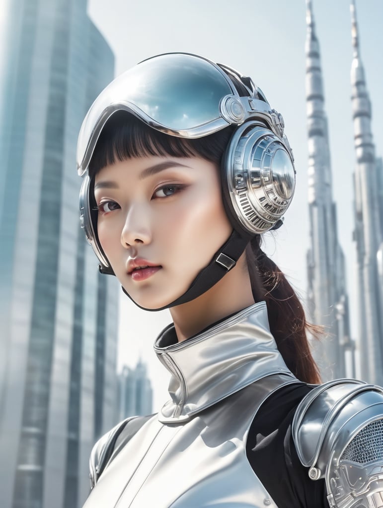 vintage medium shot of korean ethnicity girl dressed in chrome metallic mask and realistic cyberpunk outfit, a bit robotic, 1920's poster, with background of futuristic style buildings and futuristic rockets