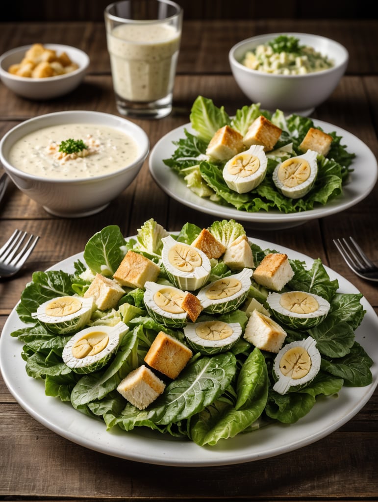 Caesar Salad, small plate on a wooden table, Description: A classic favorite featuring crisp romaine lettuce, croutons, Parmesan cheese, and a creamy Caesar dressing. Often served with grilled chicken or shrimp for added protein.