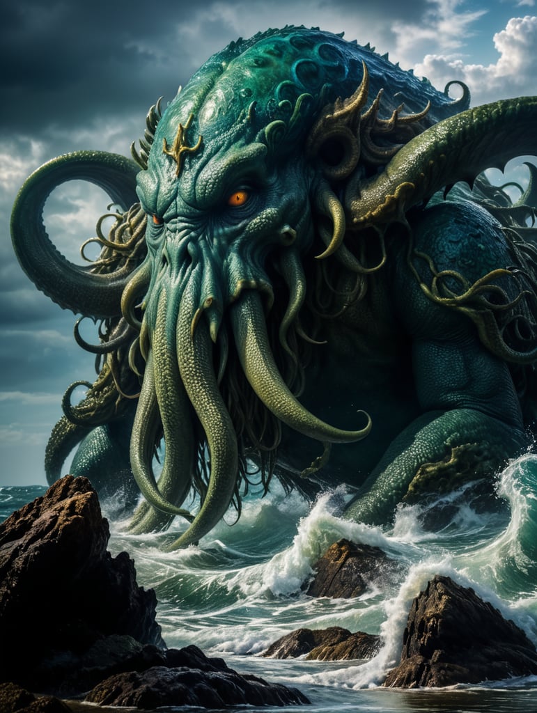 Cthulhu emerging at a stormy,ocean high-quality details, deep focus, professional shot aqua blue rim light vibrant colors