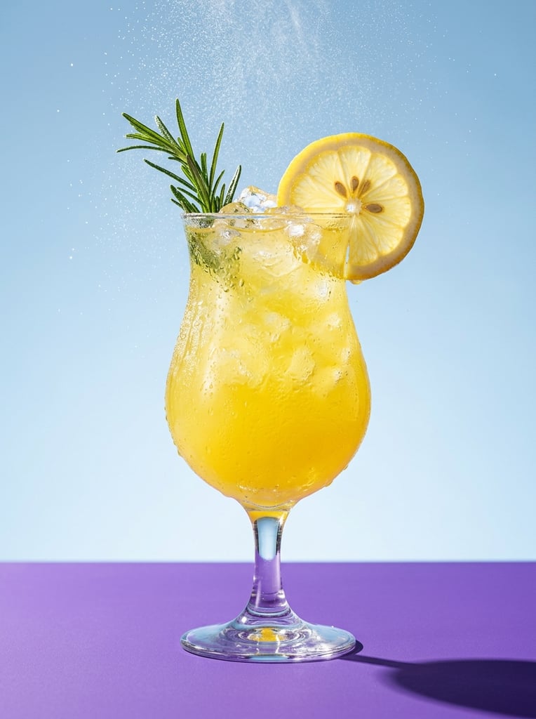 A chilled, vibrant yellow beverage in a curved glass rests on a bold purple surface against a seamless light blue gradient background. The tulip-shaped glass is filled to the brim with crushed ice and a luminous, citrus-yellow liquid. Heavy condensation drops cling to the exterior glass walls, catching bright studio highlights. A translucent round lemon wheel is perched on the right rim alongside a fresh green sprig of rosemary emerging from the top left. Above the glass, a fine mist of tiny droplets is frozen mid-air. The scene is illuminated by crisp, directional studio lighting that casts a sharp, deep shadow from the base of the stemware onto the flat purple ledge, emphasizing the vivid, color-blocked composition and high-contrast commercial photography style.