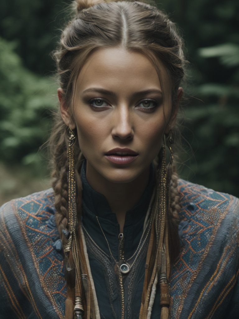 Blake Lively dressed in Native American clothes, realism, photorealism, wearing beautiful regalia, high resolution, forest background, cinematic