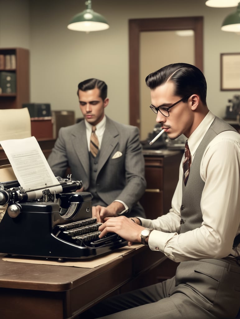 Hollywood 1940's, a young man, smoking a cigarette, is typing on a vintage typewriter in an office,