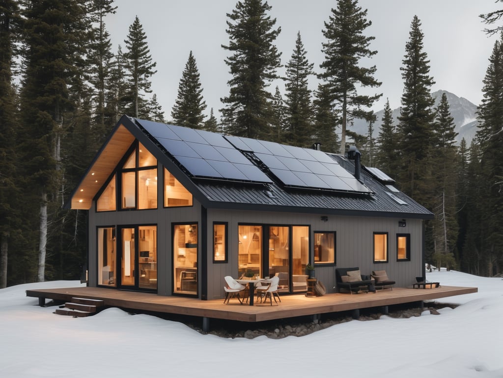 tiny mountainhouse, big windows and solar panels