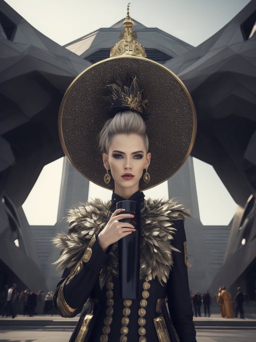 Haute couture fashion model drinking matcha tea, in the style of alexander mcqueen in front of futuristic building by gareth pugh