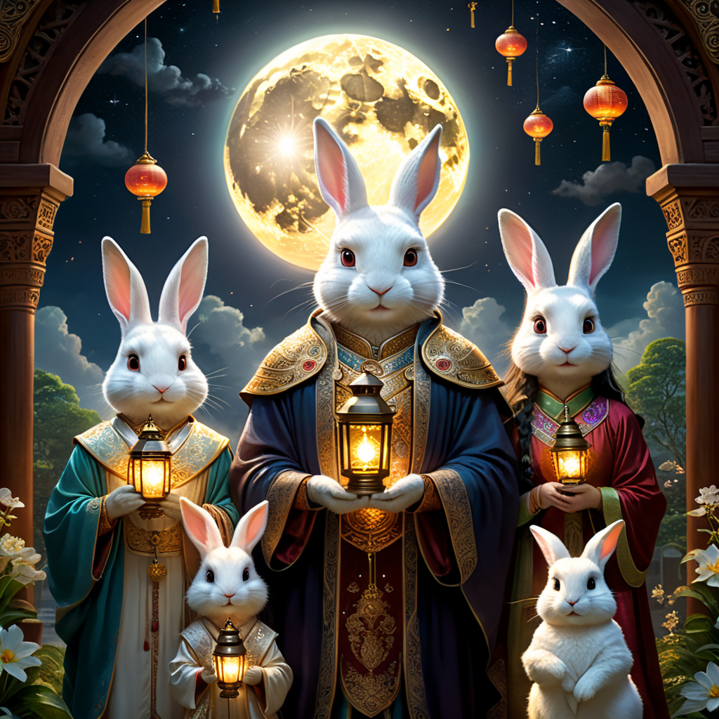 “Visualize a celestial family living in a magical realm, lit by the ever-present glow of a majestic moon. Picture a human mother, ethereal and radiant, standing beside her enchanted rabbit partner, both adorned in cosmic garments. They are the proud parents of their unique half-breed children, who combine human heads with rabbit ears and have bodies that are a harmonious blend of both parents. Set this magical family against the backdrop of an illuminating moon, surrounded by fantastical elements like floating lanterns, twinkling stars, and mystical flora. Capture the joy and love on the faces of each family member as they celebrate a special festival of their own. For visual cues: Human Mother: Elegant and radiant, perhaps holding a magical artifact. Rabbit Father: Standing upright, human-size clad in cosmic attire, holding a lantern imbued with moonlight. Children: A delightful blend of their parents, featuring human faces with rabbit ears, rabbit nose and half breed.