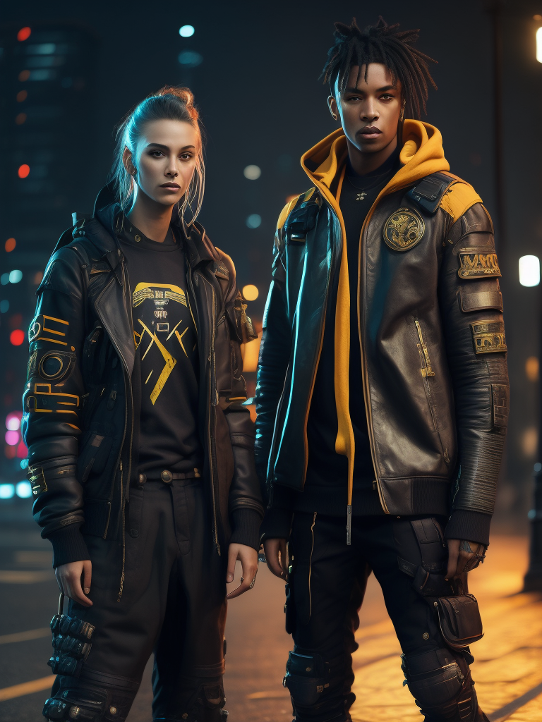 Cyberpunk techwear streetwear look and clothes, we can see them from feet to head, highly detailed and intricate, golden ratio, beautiful bright colors, hypermaximalist, futuristic, cyberpunk setting, luxury, elite, cinematic, techwear fashion, adidas