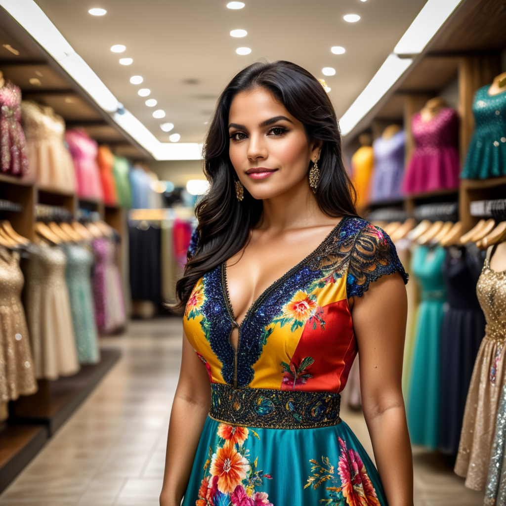 medium size latin woman black hair in colorfull dress, shopping in a nice clothing store