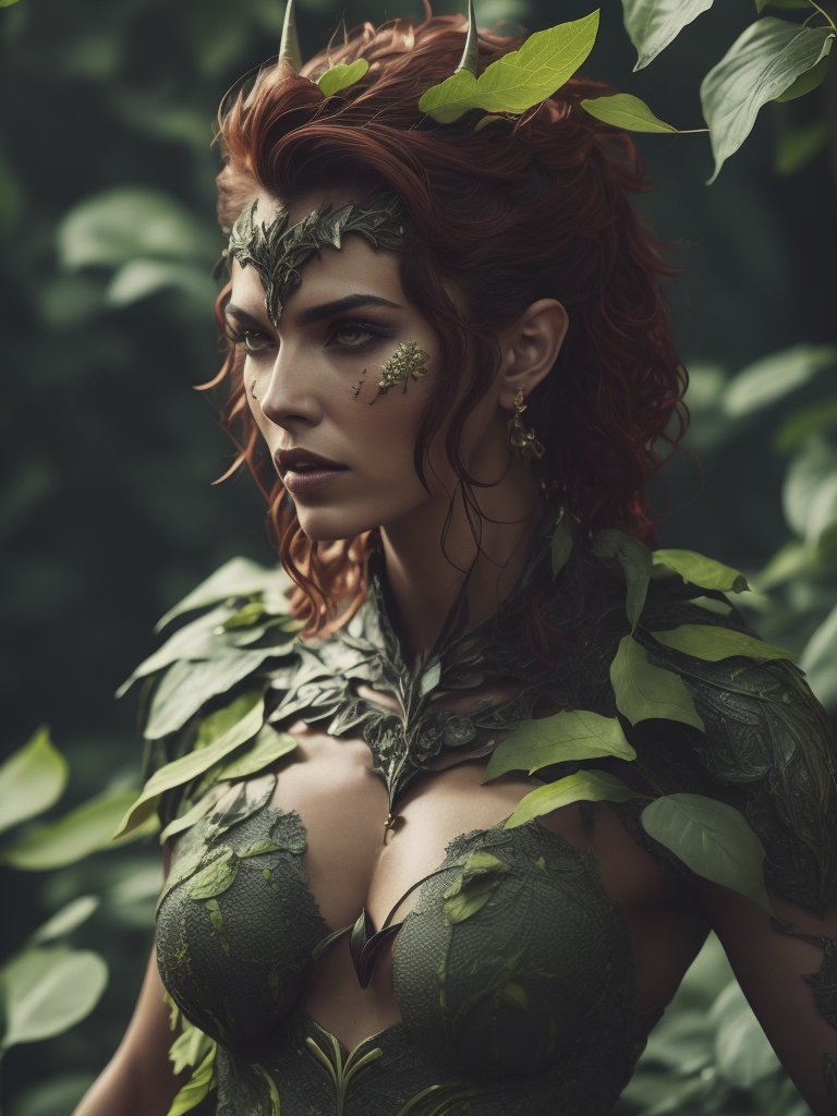 Ultrafine female pan, looking at the camera, front view, with short and curve horns, leaves on its hair, fire flyes around,god of nature, inspired by Poison Ivy from Batman, inspired by swamp thing, sharp details,