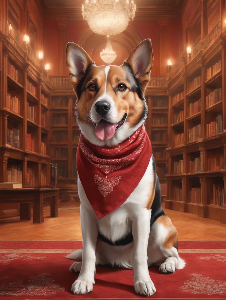 digital art of a dog wearing a red bandana, sitting regally in a grand library filled with bookshelves and a fireplace. Use a warm color palette and capture a sense of nobility and intelligence in the dog's expression