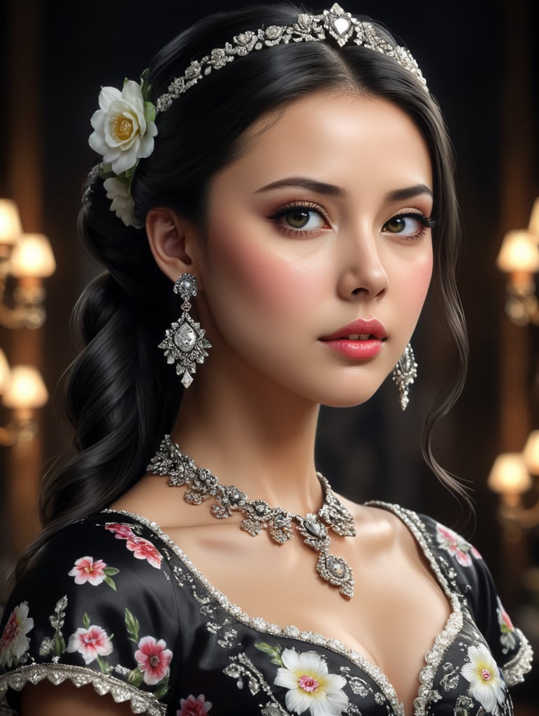 She is beautiful with heart shaped face, doe shaped eyes, small lips, sharp nose, black hair which is in a low pony tail, wears a floral frock, has diamond earrings and diamond necklace