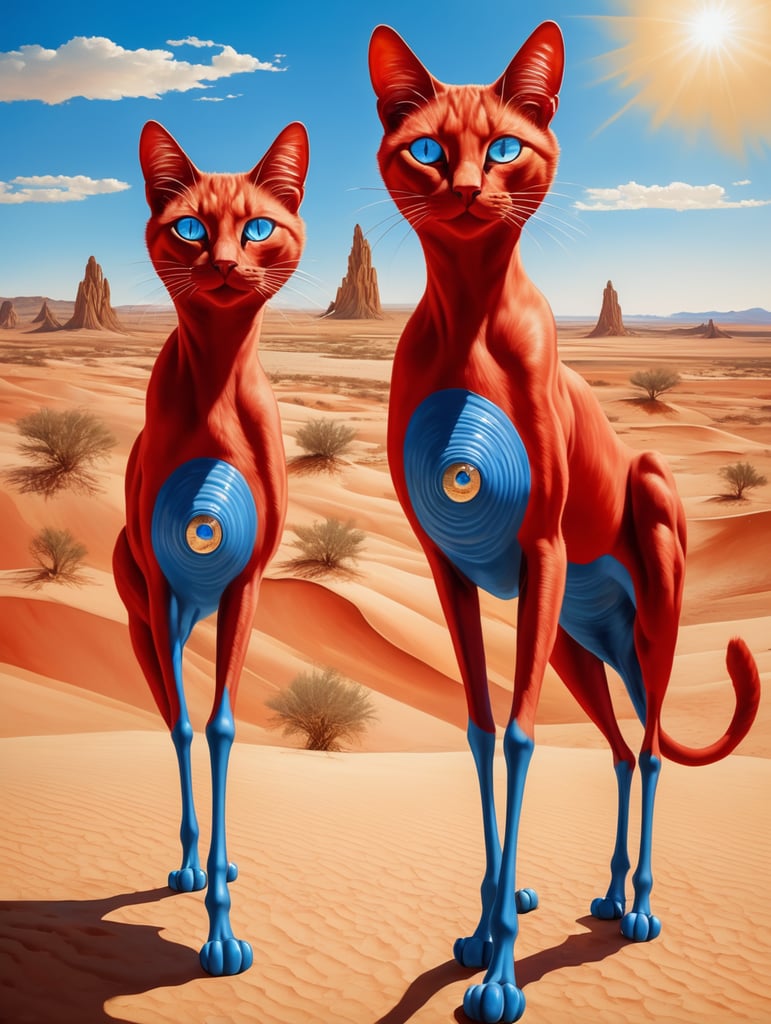 Red cats with big blue eyes in a desert. Painted in the style of Salvador Dali. Very hot and sunny rays with blue sky. Very long and thin legs