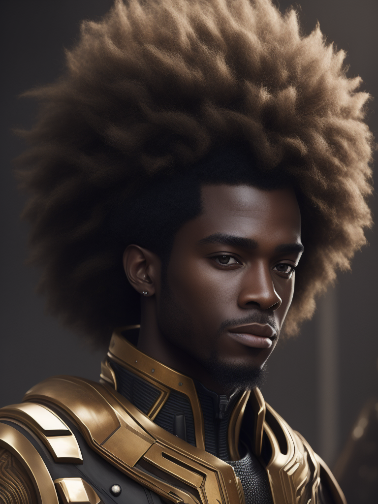 portrait of a male character, afro, with futuristic touches and that is an African god