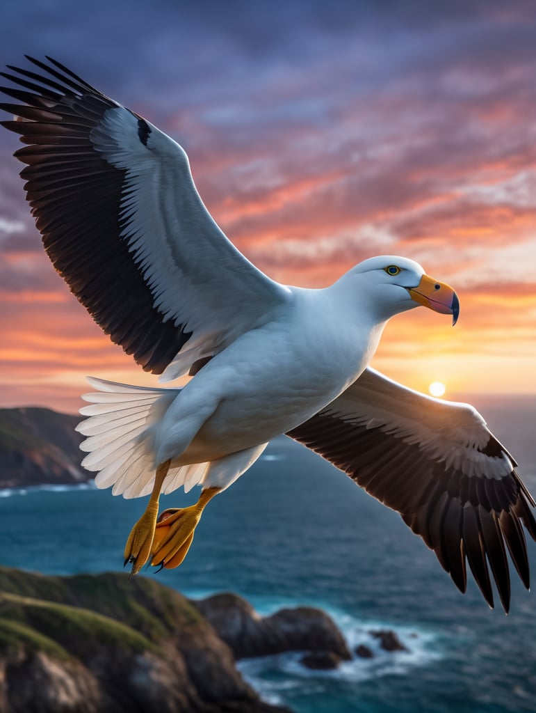 Metaverse, UX, futuristic, beautiful albatross, beautiful eyes, open wings, portrait, beautiful colors, realistic and hyper detailed, rendered in cinema 4d, magic realism, beautiful sunset, southern ocean, scale