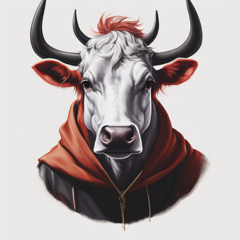 Hip Hop white cow,portrait, in black suite,black hat, vintage style, gentle watercolor style, white isolated background,full face, nose piercing