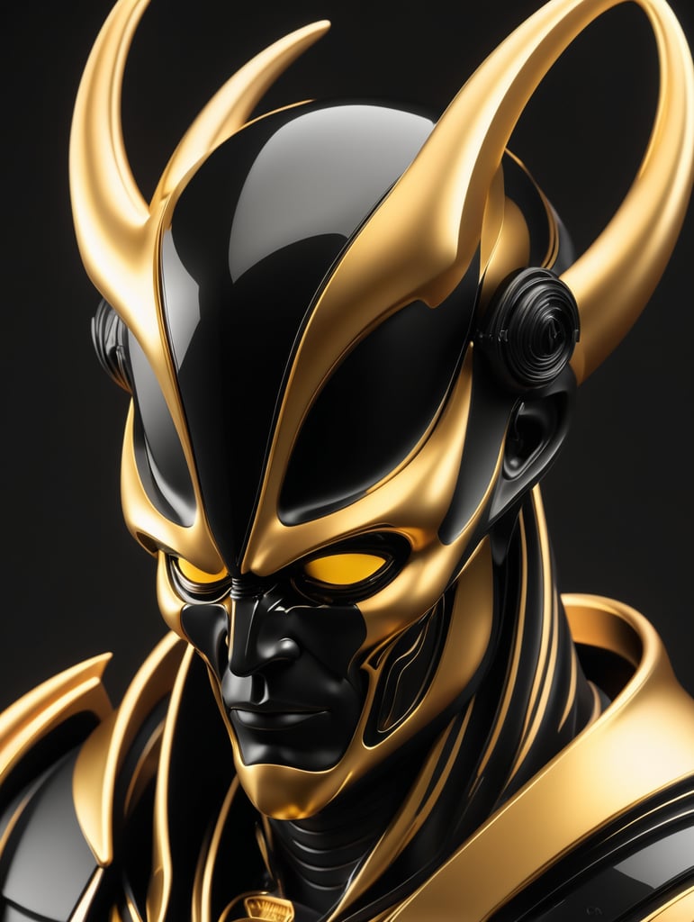 Matte black and gold shiny biotech sith lord, gold on black, octane render, translucent, transparent, realistically detailed, soft light, evoking, liquid shapes, vibrant color palette, biomorphic