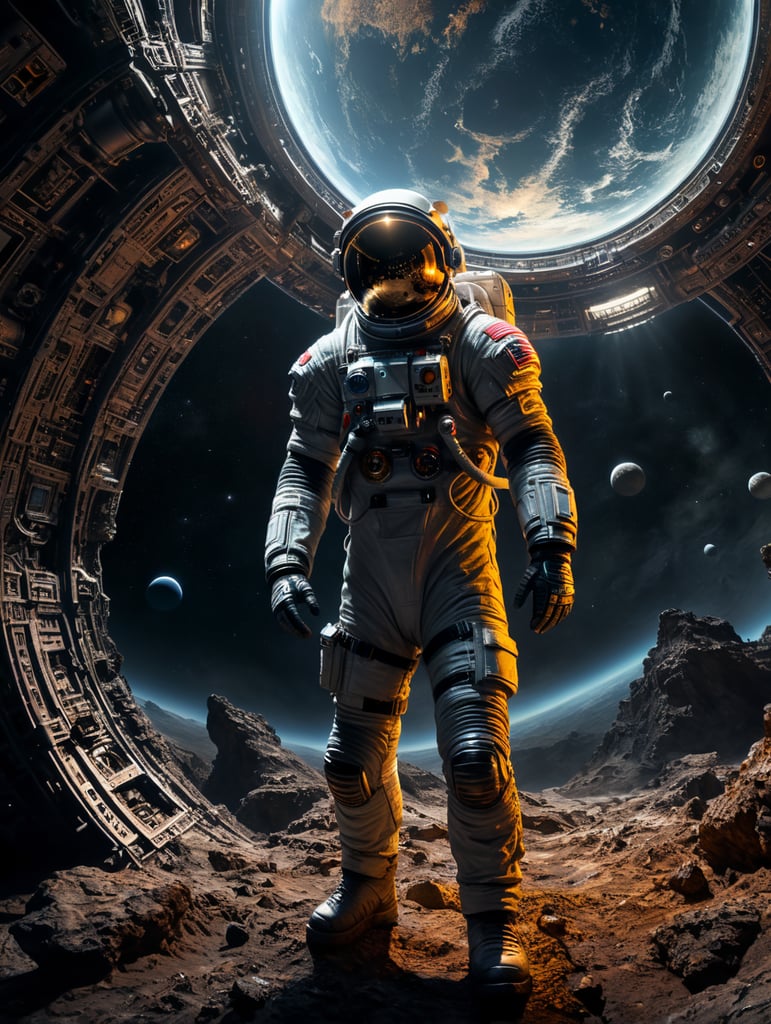 astronaut står omringet af træer om natten det er et skarpt lys, fra en ufo der er styrtet ned i baggrunden