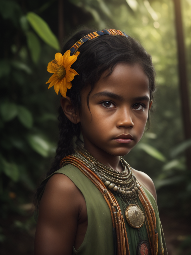 Portrait of an Brazilian amazon child, high definition, photography, cinematic, detailed character portrait, detailed and intricate environment