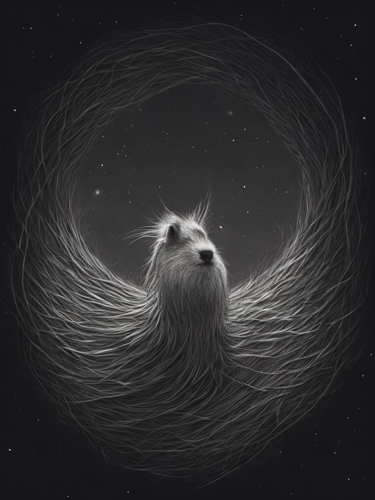 a funny character with long hair flying up through the stars, in the style of intricate black and white illustrations, animated gifs, furry art, whimsical yet eerie animal symbolism, patrick dougherty, kevin hill