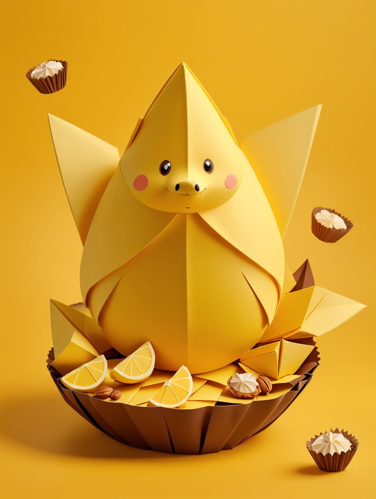 composition with origami banana bread, origami banana, origami lemon zest, origami walnut, on yellow paper background