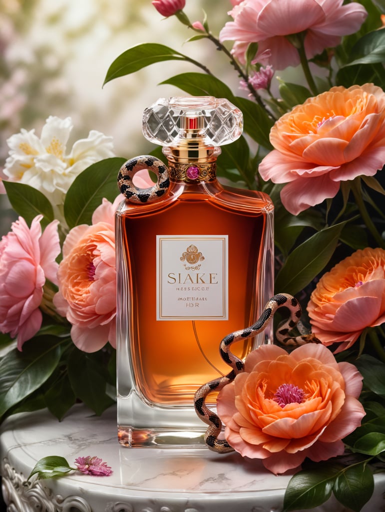 Luxury perfume bottle with blanc label, snake wrapped around the bottle, floral background, pink and orange flowers
