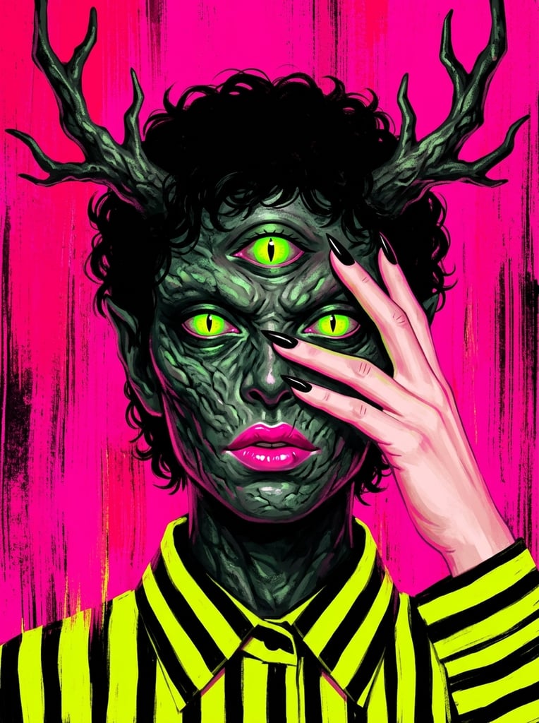 A pop-surrealist portrait of a three-eyed humanoid figure with craggy greenish-black skin, partially covering its face with a pale human hand against a vibrant hot pink background. The entity stares with glowing neon green feline eyes, including a prominent third eye on its forehead. Dark branching horns emerge from short, curly black hair. A delicate hand with sharp black fingernails rests elegantly across the face, contrasting with the monstrous visage and glossy bright pink lips. The figure wears a collared shirt featuring bold horizontal neon yellow and black stripes. The intensely saturated magenta backdrop is detailed with rough, distressed vertical brushstrokes. The digital painting utilizes a high-contrast neon color palette, juxtaposing grotesque demonic features with glamorous, high-fashion aesthetics.