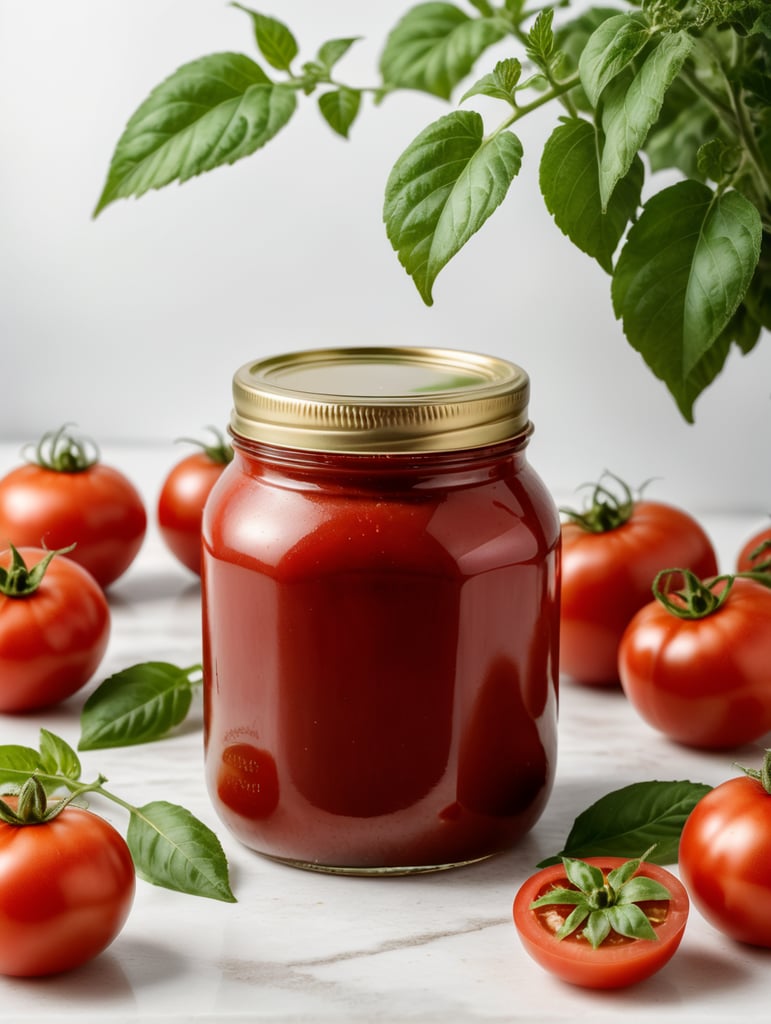 tomato ketchup jar, red tomato with green leaves, isolated, white background, mockup